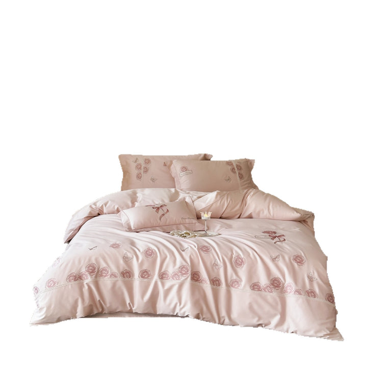 Luxurious cotton satin bed linen set with rose embroidery and butterfly details