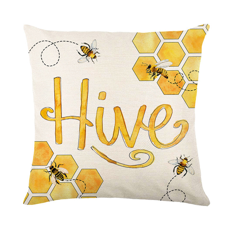 Decorative Cotton-Linen Square Throw Pillow Cover with Hand-Drawn Wildflower & Bee Illustration Concealed Zipper