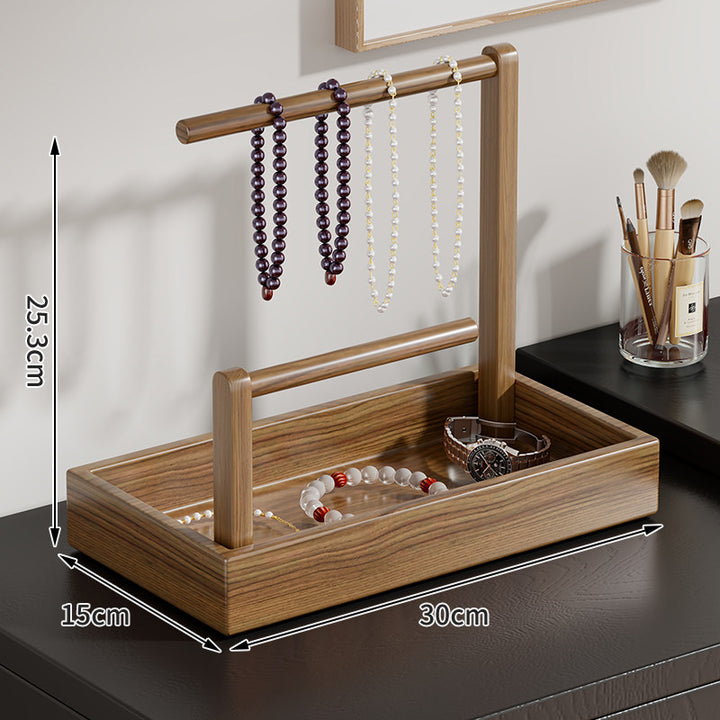 Wooden Jewelry Organizer with Dual Hanging Rails and Deep Storage Tray