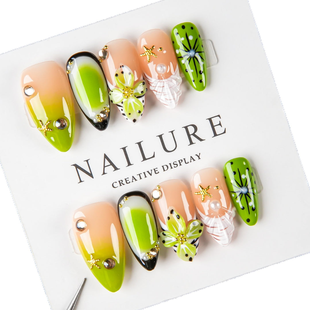 Decorative Press-On Nail Art Set with Floral and Jewel Accents