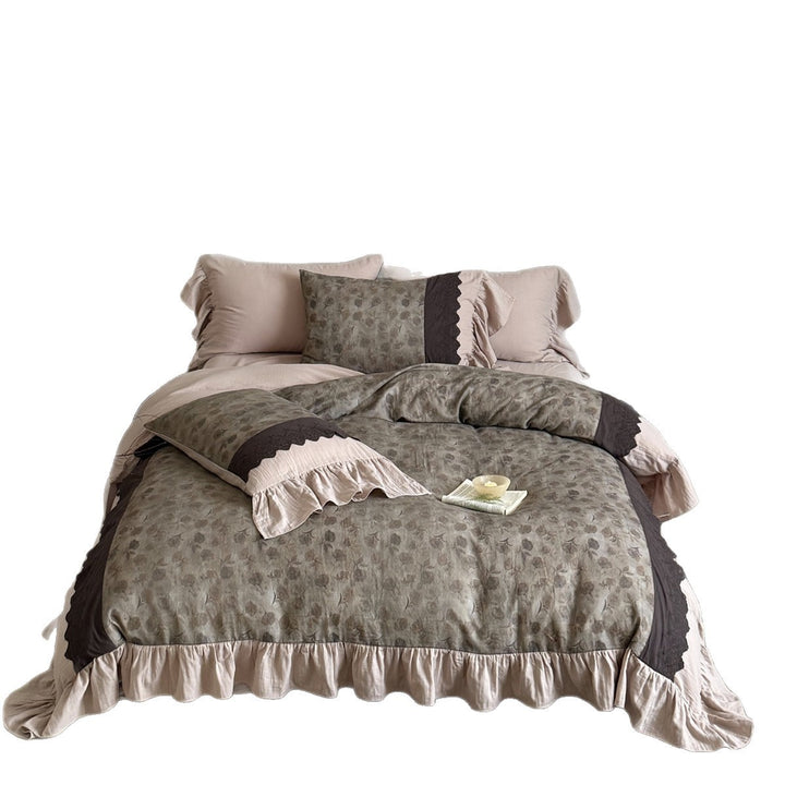 Ruffled Floral Cotton-Linen Blend Duvet Cover Set with Scalloped Embroidered Trim