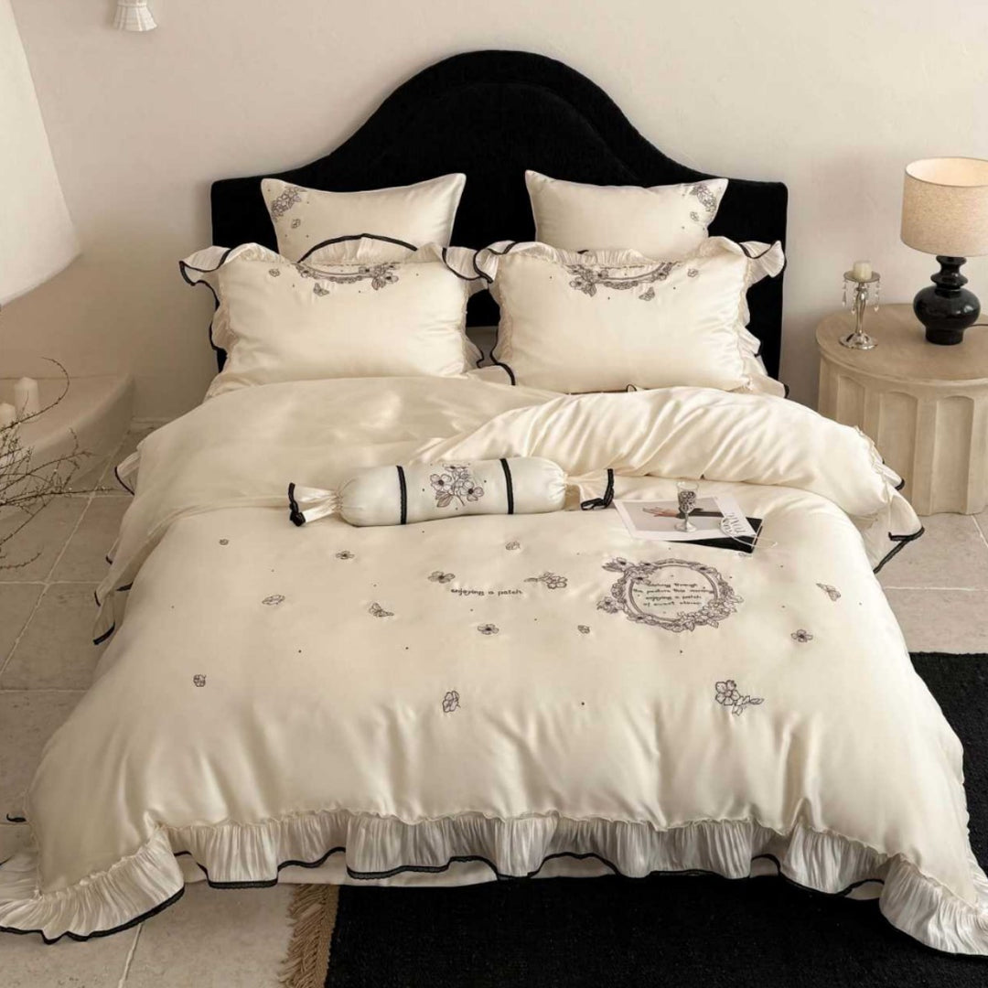 Satin-Feel Embroidered Ruffled Duvet Cover Set with Decorative Bolster & Pleated Hem