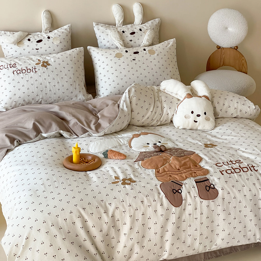 Children's Cotton Duvet Cover Set with 3D Rabbit Appliqué and Ear Pillow Shams