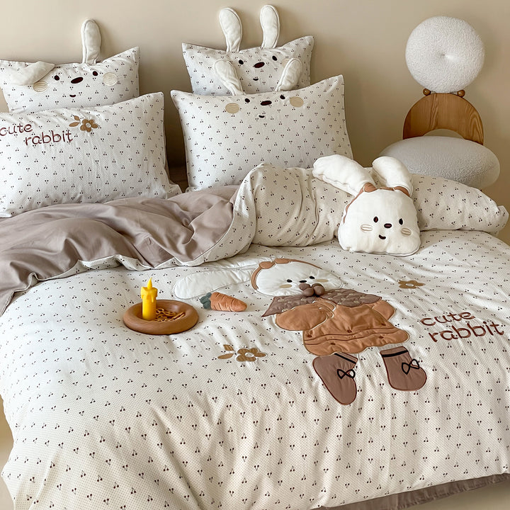 Children's Cotton Duvet Cover Set with 3D Rabbit Appliqué and Ear Pillow Shams