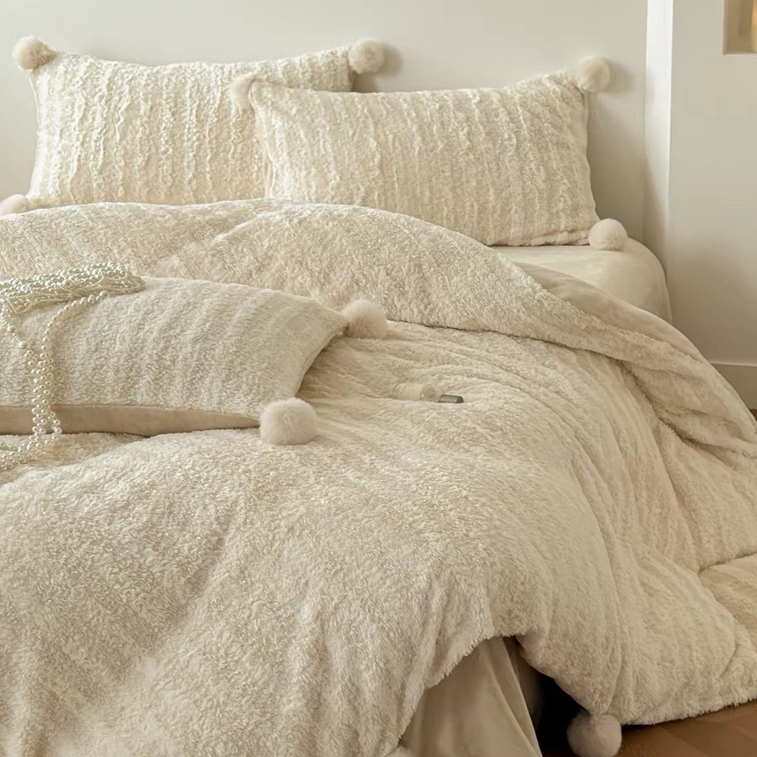 Luxury Faux-Sherpa Pom-Pom Duvet Cover Set