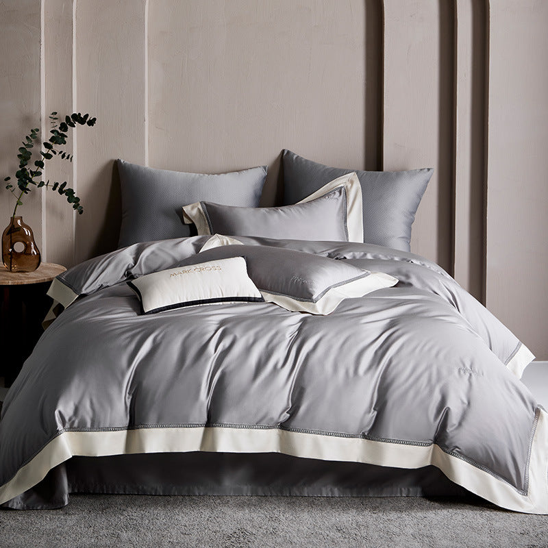Elegant Satin Duvet Cover Set with contrasting hem trim and fine piping