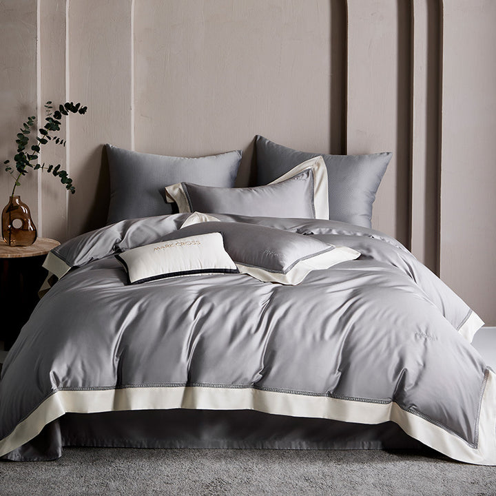 Elegant Satin Duvet Cover Set with contrasting hem trim and fine piping