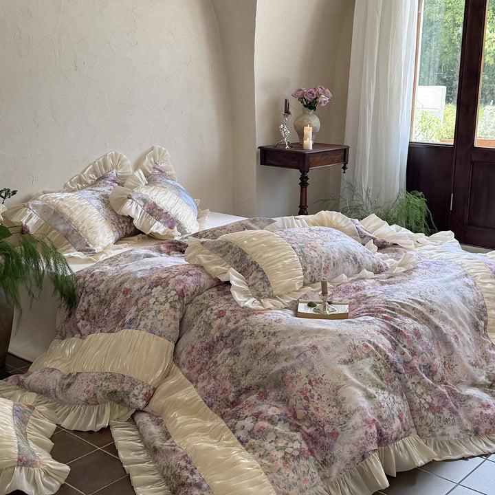 Floral Ruffled Satin-Trim Luxury Duvet Cover Set with Pillow Shams