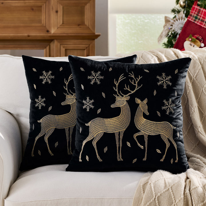 Velvet Embroidered Festive Accent Pillow Cover with Metallic Script