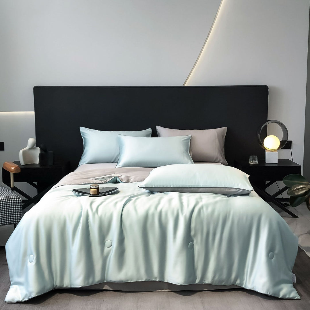 Silk cotton satin bedding cover with quilted comfort edge and pillowcases