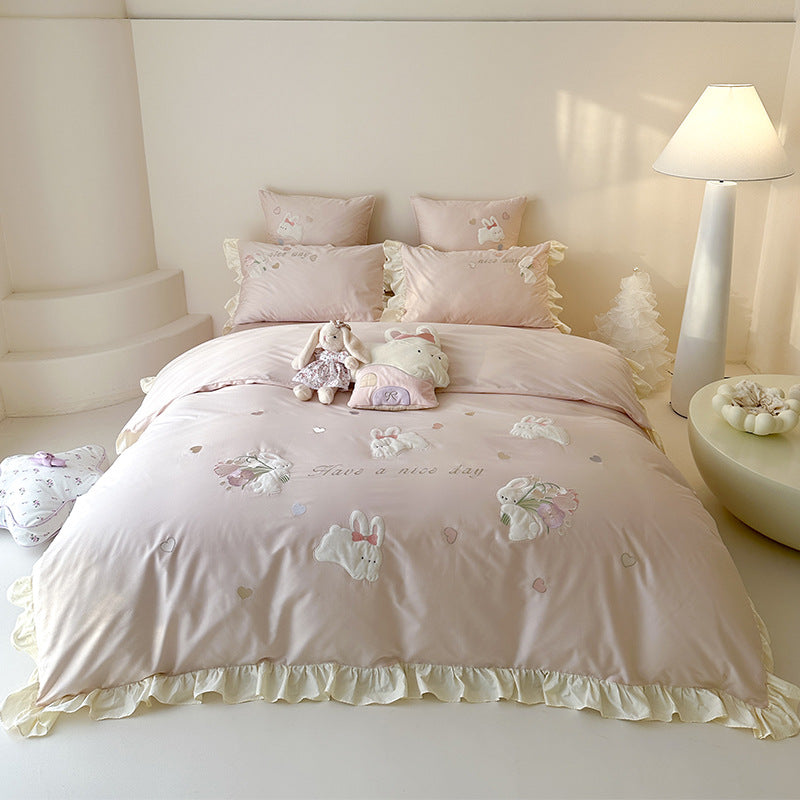 Ruffled Cotton-Linen Duvet Cover Set with Embroidered Bunny Appliqué and Decorative Shams