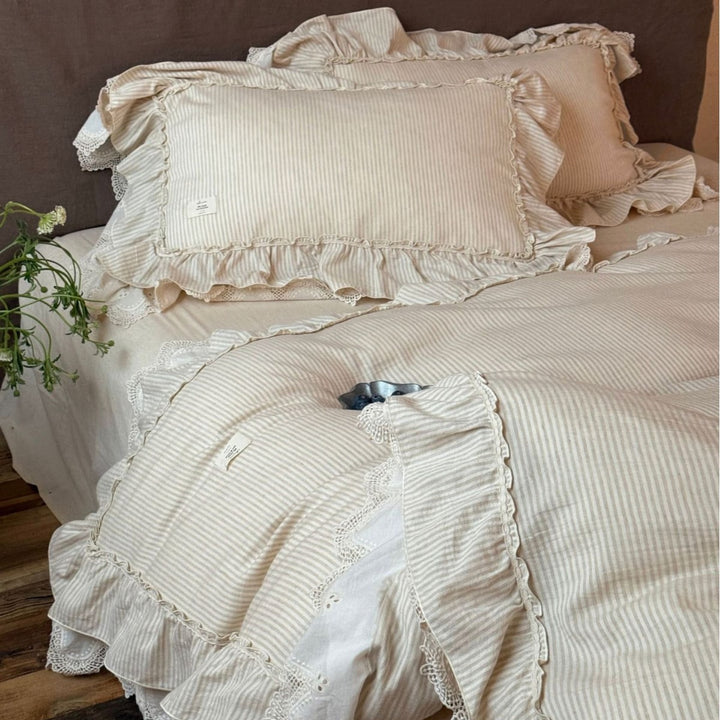 Reversible Striped Cotton Ruffle Duvet Cover Set with Lace-Trim Pillow Shams