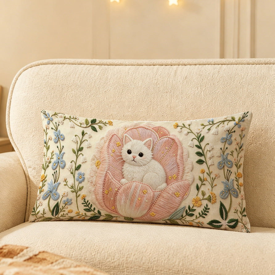 Cat-Themed Embroidered Decorative Throw Pillow