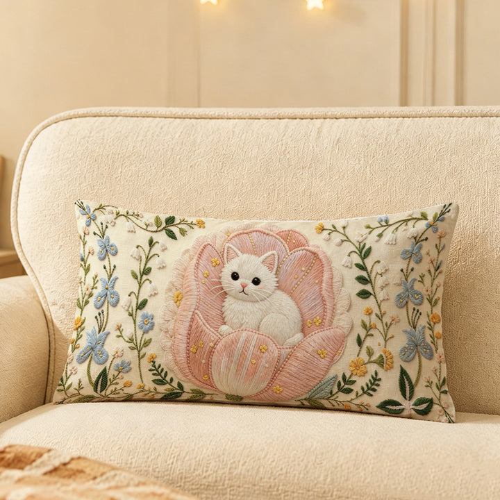 Cat-Themed Embroidered Decorative Throw Pillow