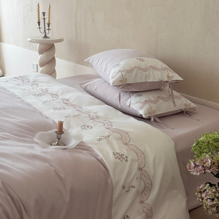 Embroidered Ruffled Cotton Sateen Duvet Cover Set with Decorative Tie Pillow Shams and Heart Throw Pillow