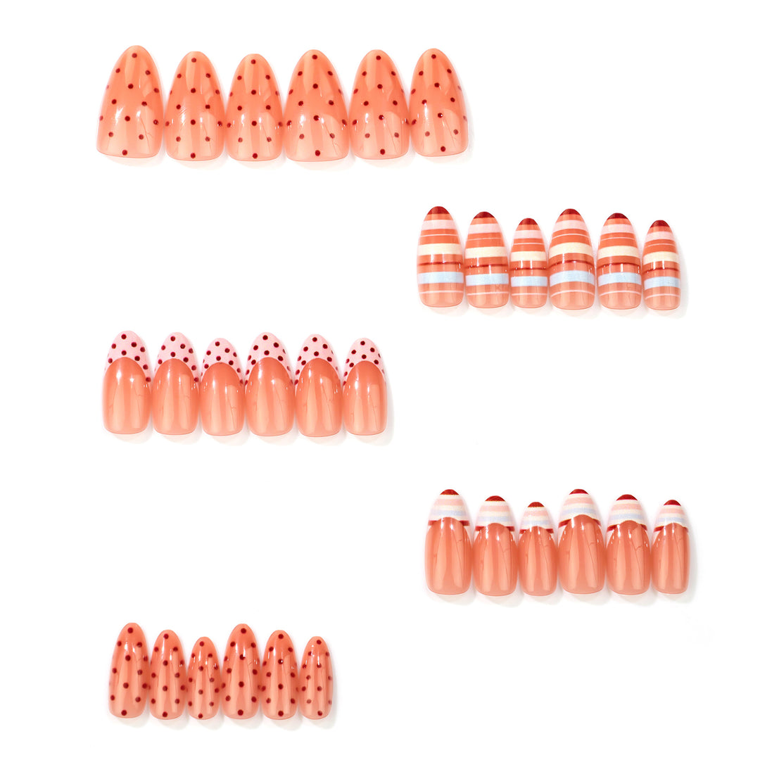 Artistic Press-On Nail Art Set with Playful Polka Dot and Striped Designs Stornfield