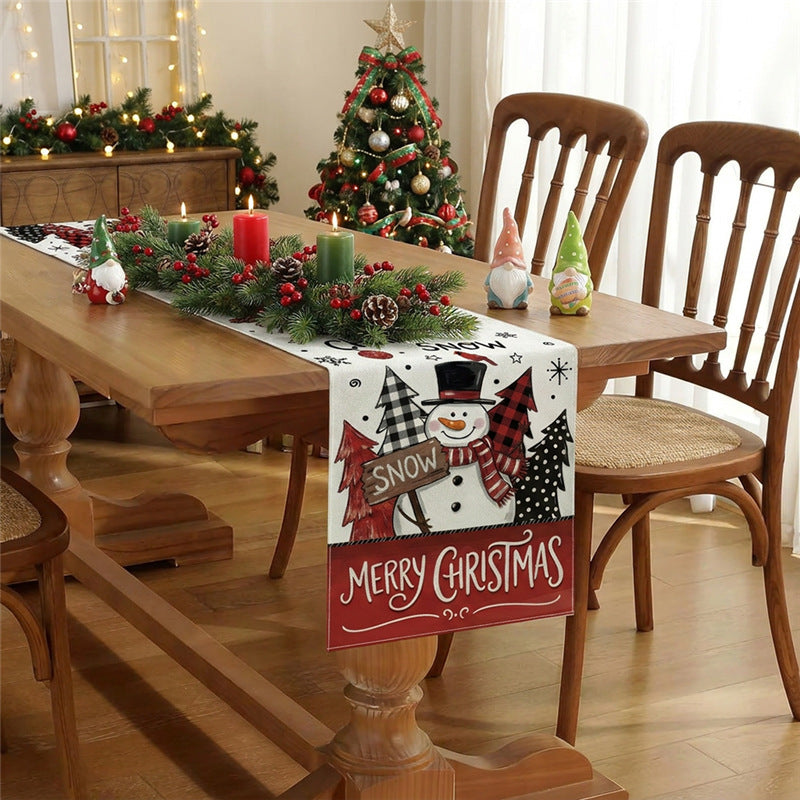 Festive Cotton-Linen Christmas Table Runner with Snowman and Plaid Tree Illustration
