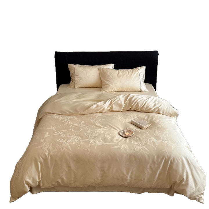 Premium Satin bedding set with subtle jacquard leaf pattern and silky finish
