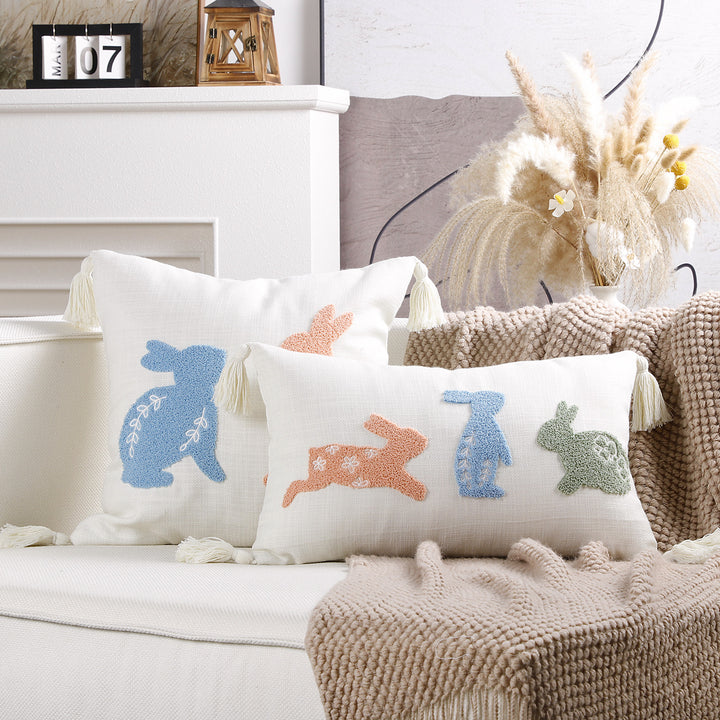 Decorative Lumbar Pillow Cover with Tufted Bunny Appliqués and Corner Tassels