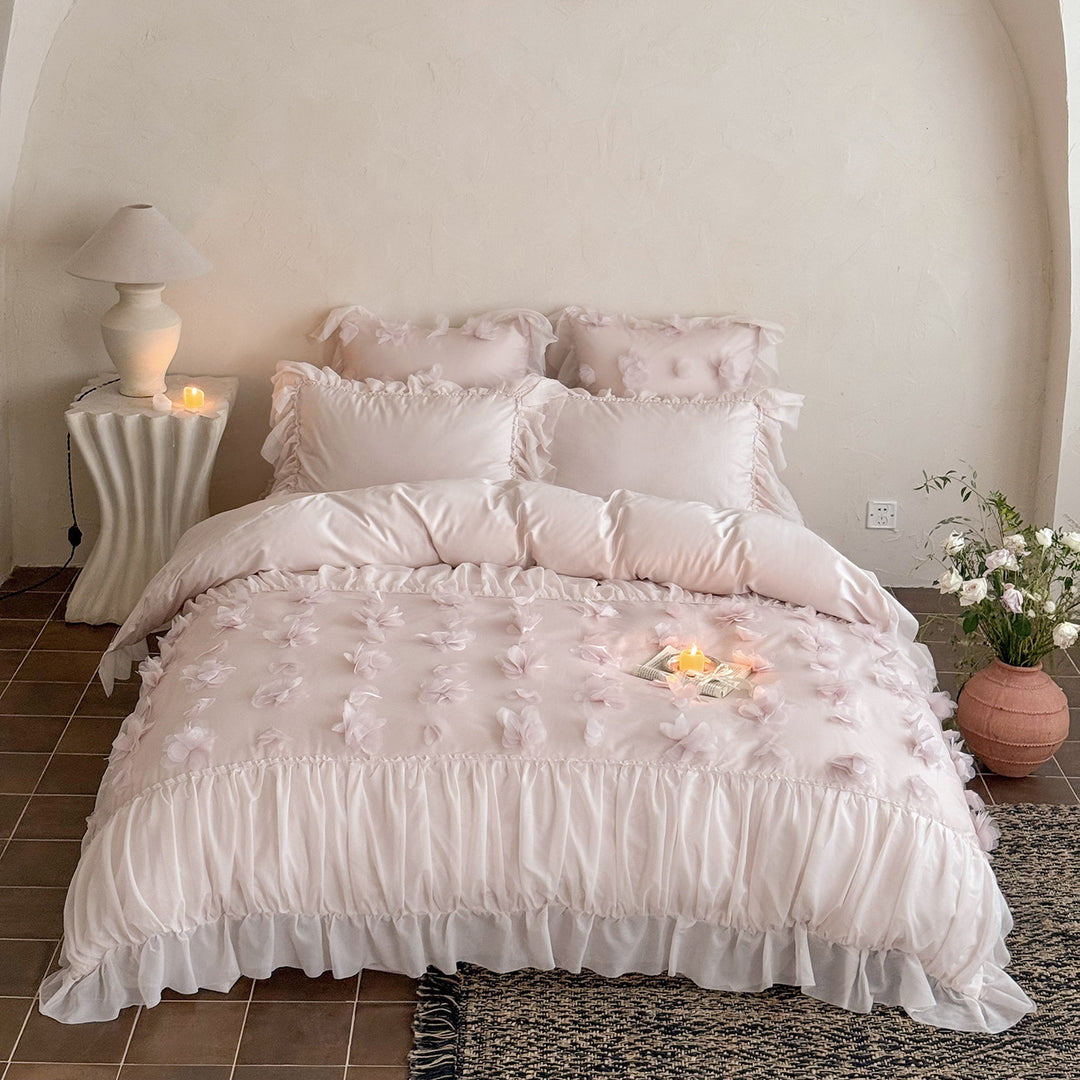 Romantic Ruffled Floral Appliqué Duvet Cover Set