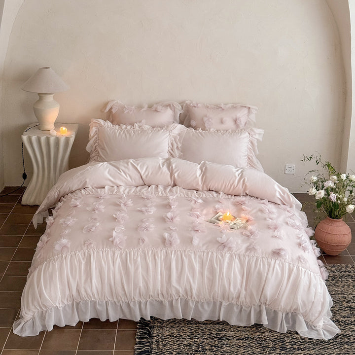 Romantic Ruffled Floral Appliqué Duvet Cover Set
