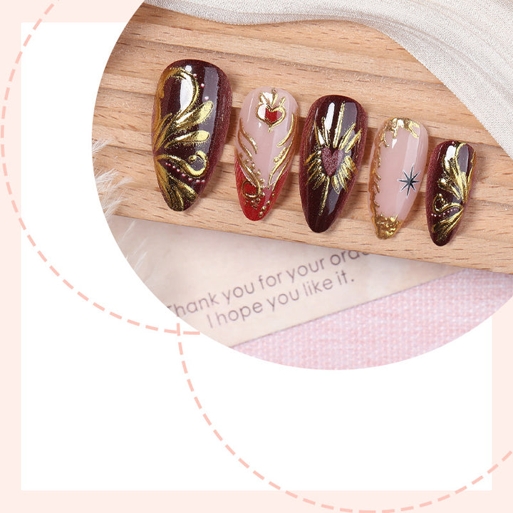 Decorative Press-On Nail Art Set with Intricate Gold Floral Design Stornfield