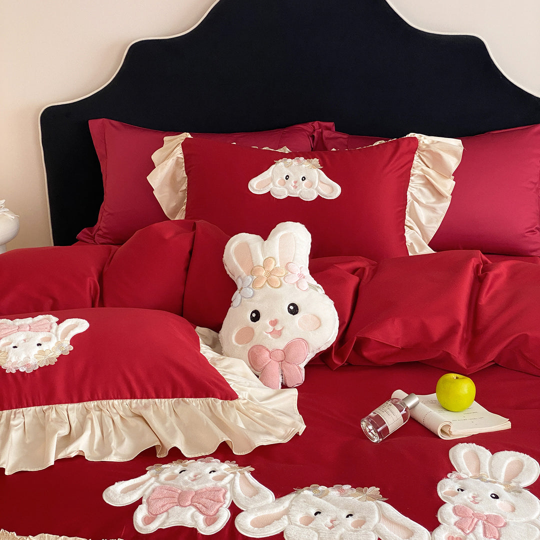 Embroidered Ruffled Bunny Appliqué Duvet Cover Bedding Set