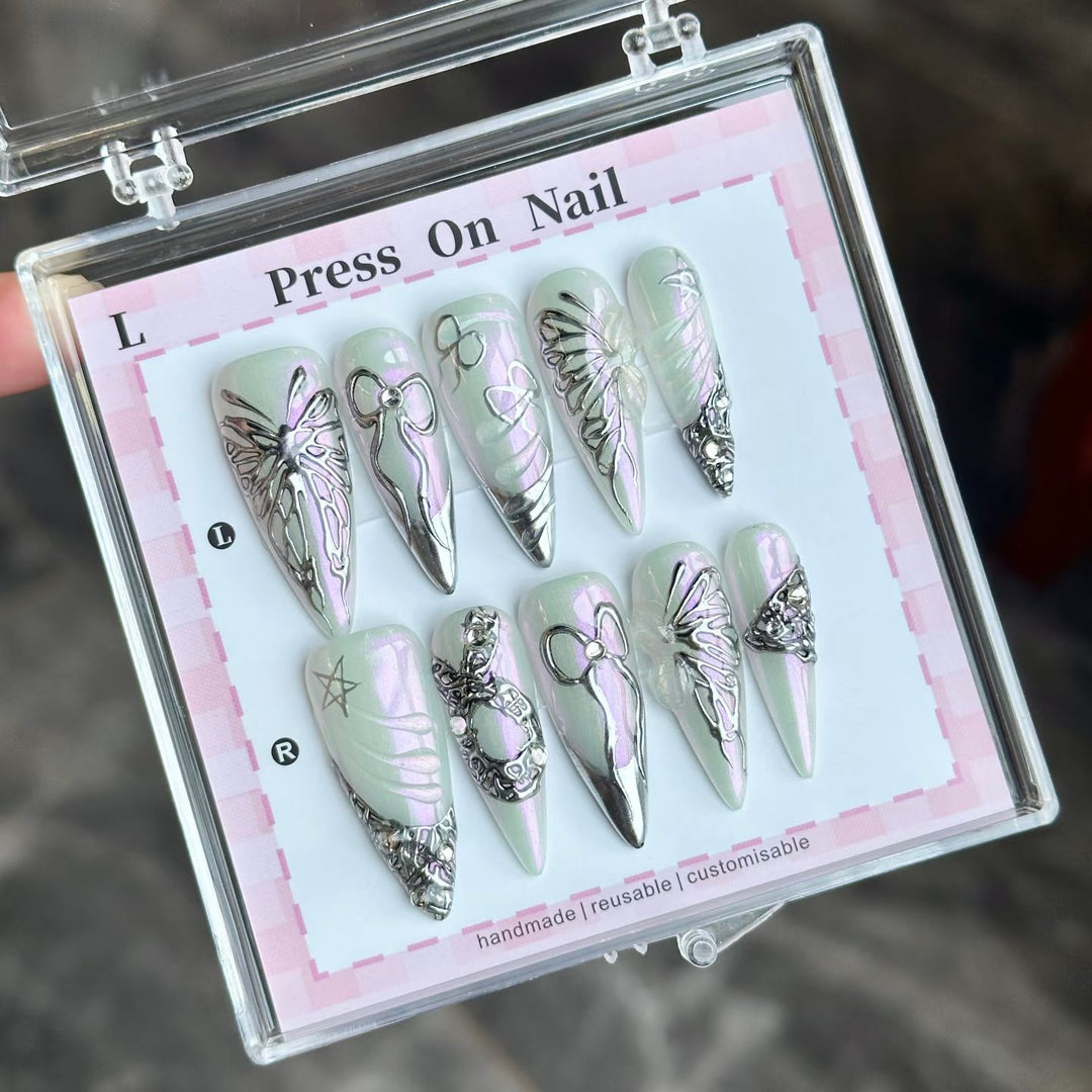 Artistic Press-On Nail Set with Floral and Green Accents