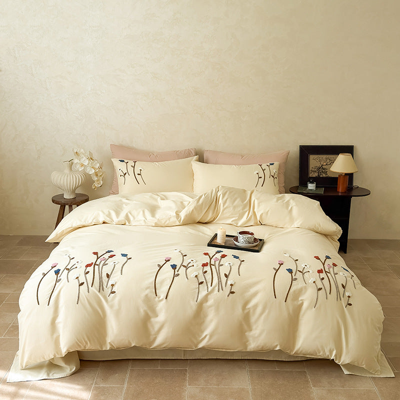 Botanical Embroidered Cotton-Sateen Duvet Ensemble with Pillow Shams