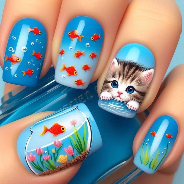 Nail art with playful cat and fish design Stornfield
