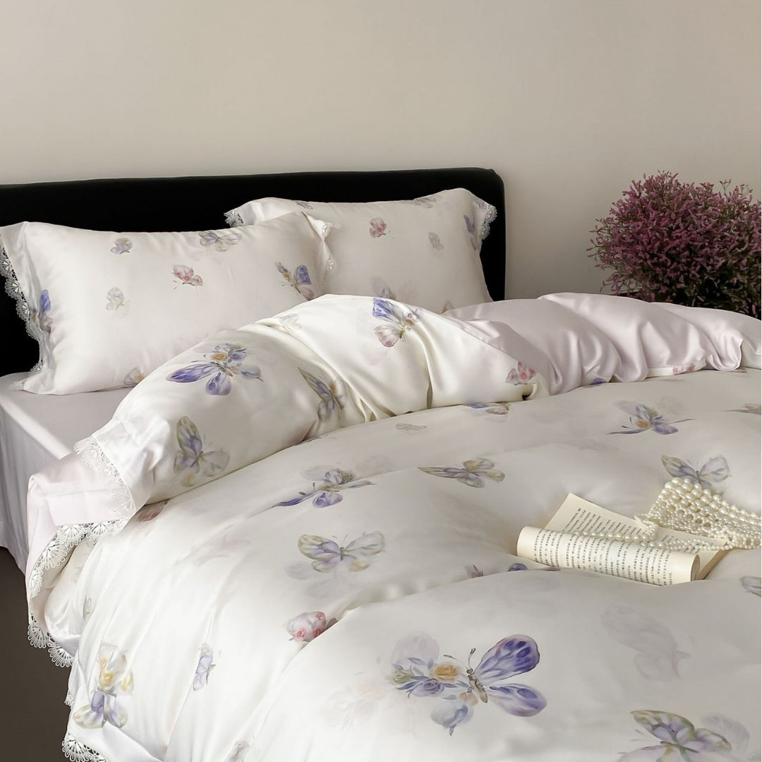 Floral Lace-Trim Satin Sateen Duvet Cover Set with Pillow Shams