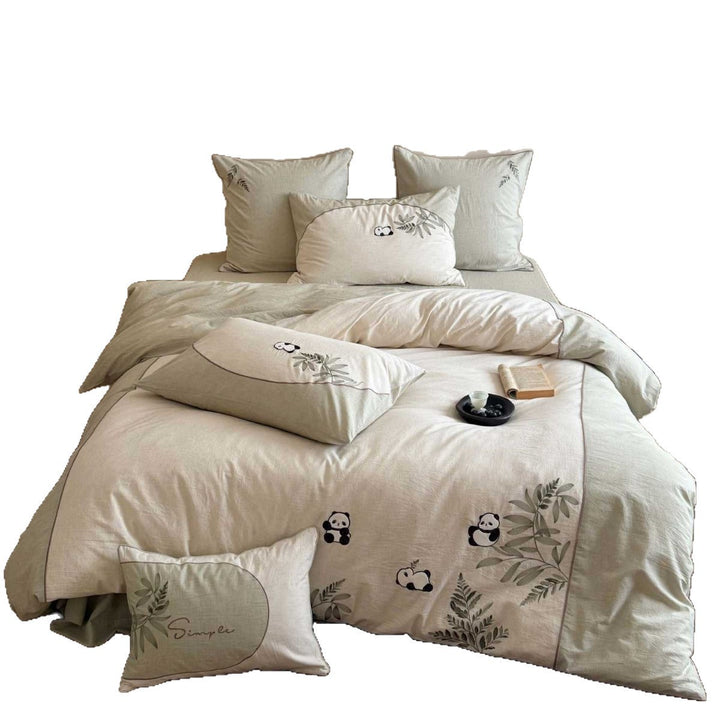 Embroidered Panda & Botanical Cotton-Linen Duvet Cover Set with Envelope Pillow Shams