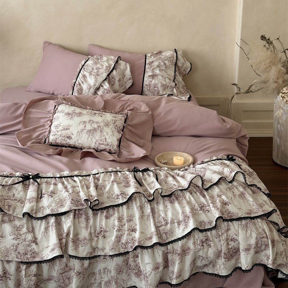 Romantic Ruffled Bedding Set with Vintage Toile Motif, Ruffles and Bedskirt