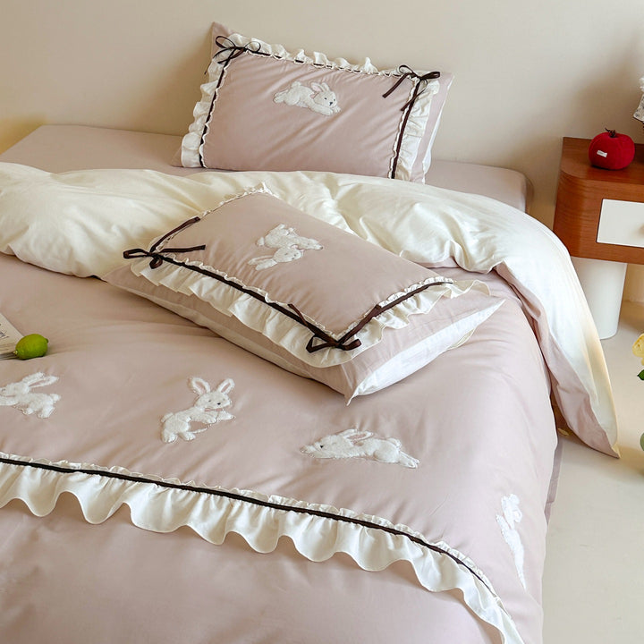 Ruffled Appliqué Bunny Cotton Duvet Cover Set with Satin Tie Pillow Shams