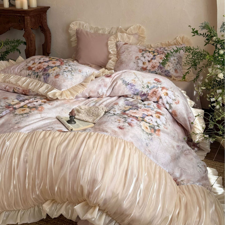 Floral Satin Ruffled Duvet Cover Set with Ruched Bedskirt & Decorative Pillow Shams