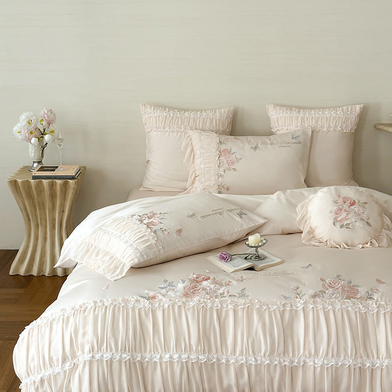 Luxury Embroidered Ruffled Satin Duvet Cover Set