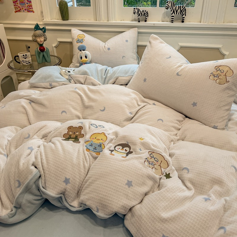 Reversible Flannel Duvet Comforter Set with Embroidered Elephant and Heart Motif