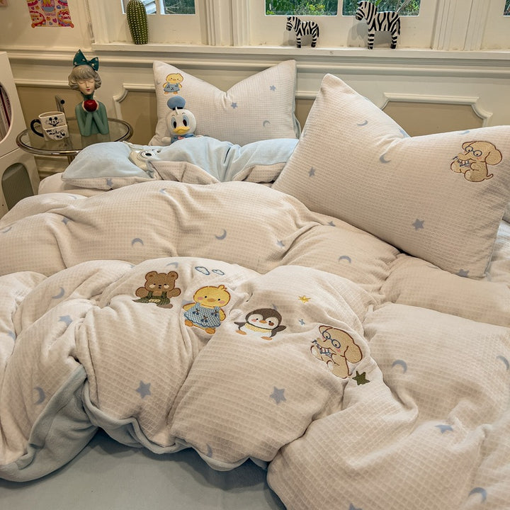 Reversible Flannel Duvet Comforter Set with Embroidered Elephant and Heart Motif