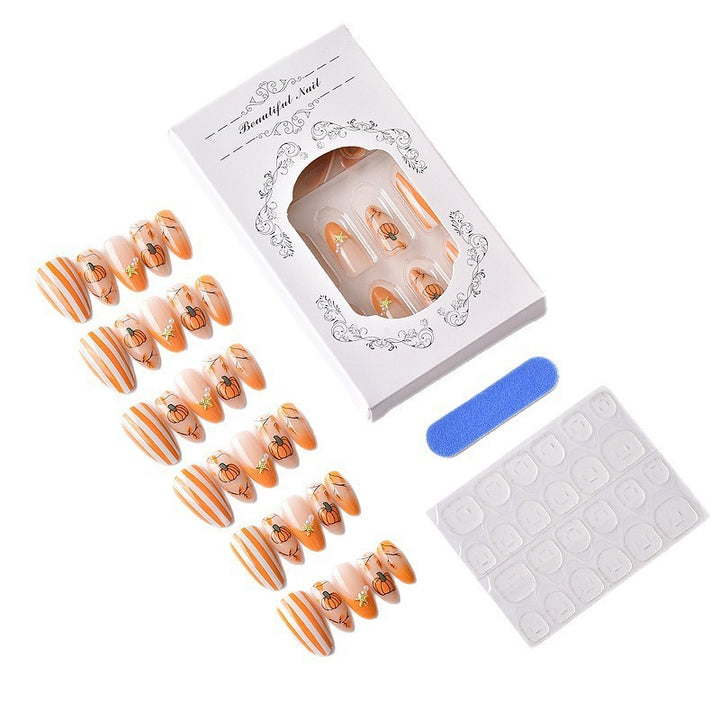 Artificial Nail Set with Autumn Pumpkin and Leaf Designs Stornfield