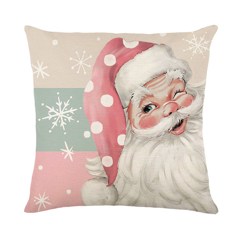 Square Cotton-Linen Snowman Accent Pillow Cover with Pink Striped Beanie and Scarf Print