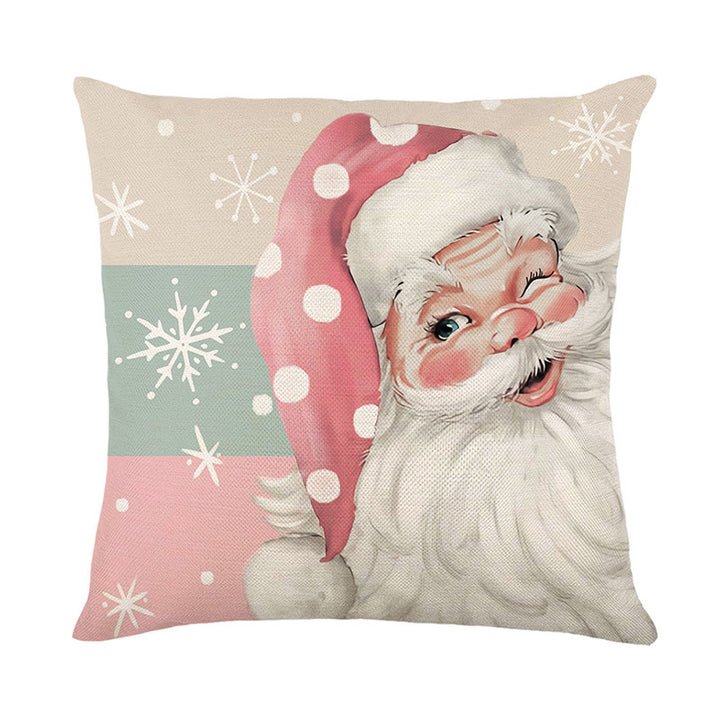 Square Cotton-Linen Snowman Accent Pillow Cover with Pink Striped Beanie and Scarf Print
