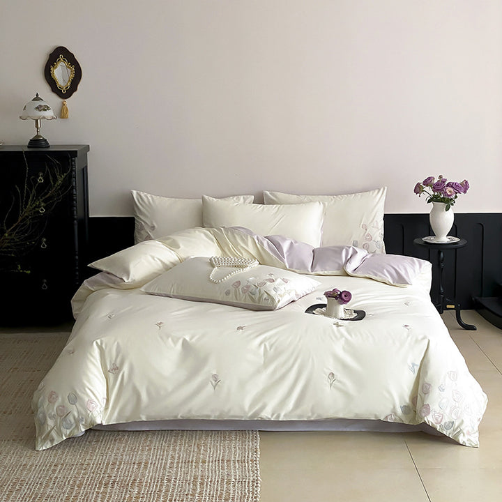 Luxury Cotton-Sateen Embroidered Floral Duvet Cover and Sham Set