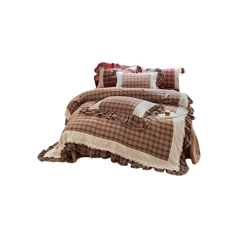Ruffled Plaid Cotton-Linen Duvet Cover Set with Lace-Trimmed Border and Decorative Pillow Shams