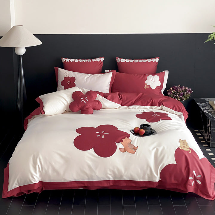 Floral Appliqué Cotton-Sateen Duvet Cover Set with Decorative Pillow Shams