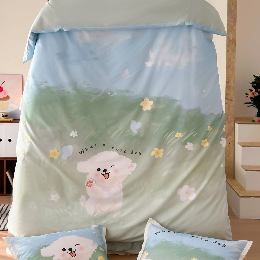 Cartoon Puppy Printed Cotton Sateen Duvet Cover and Pillowcase Set with Piped Edge