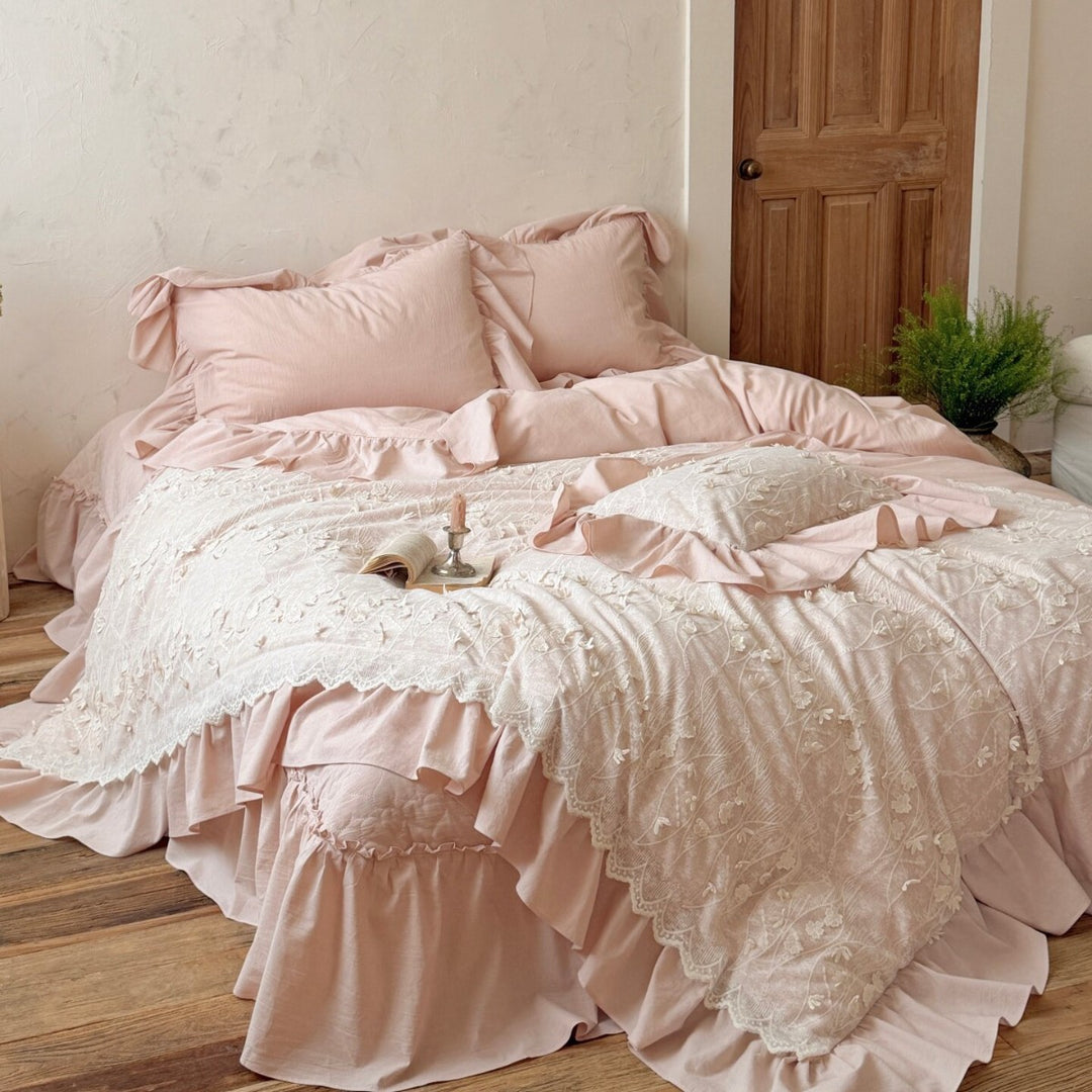 Romantic Ruffled Embroidered Cotton Duvet Cover Set with Lace Overlay & Bed Skirt