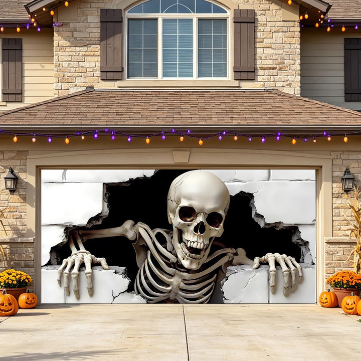 Large-format Halloween photo background made of weatherproof polyester with grommeted fastening edge and bright Haunted House motif