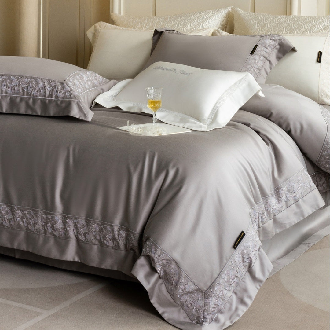 Silky Sateen Duvet Cover Set with Floral Lace Inset and Deep-Pocket Pillow Shams