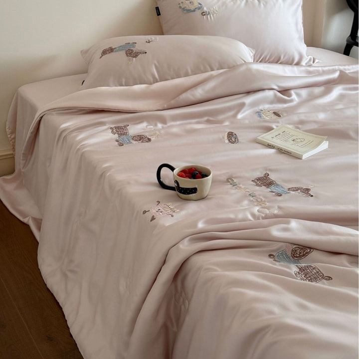 Silk Satin Bedding Set with Subtle Animal Embroidery and Luxurious Shine