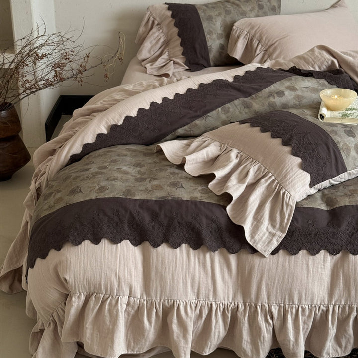 Ruffled Floral Cotton-Linen Blend Duvet Cover Set with Scalloped Embroidered Trim